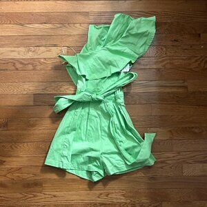 Flying Tomato One Shoulder Ruffle Romper Belted Green Cute Size XS